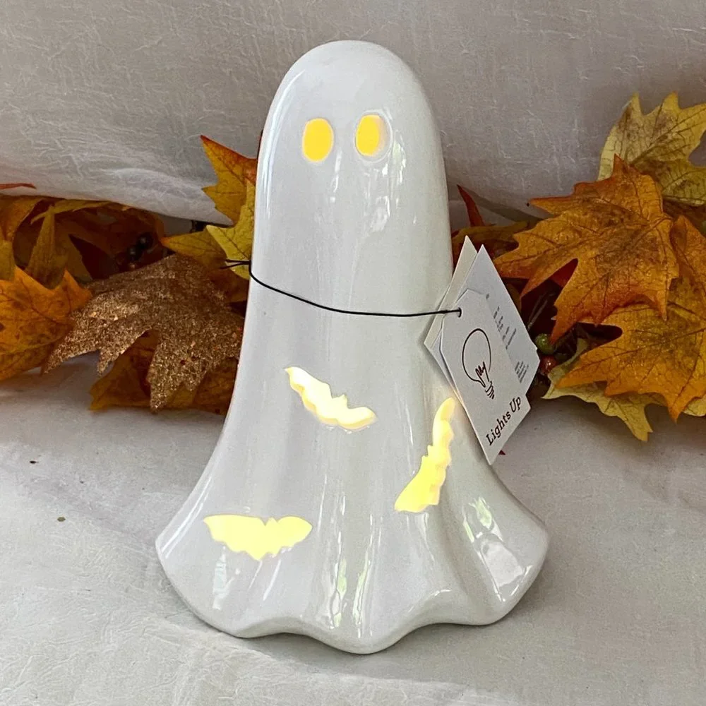 Led Light Up Ceramic Cut out Bats White Ghost Halloween Decor 8